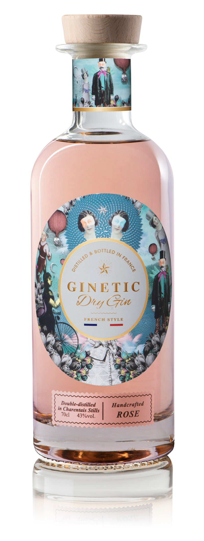 GINETIC ROSE, Dry Gin 43°, Distillé et Embouteillé en France, 70cl